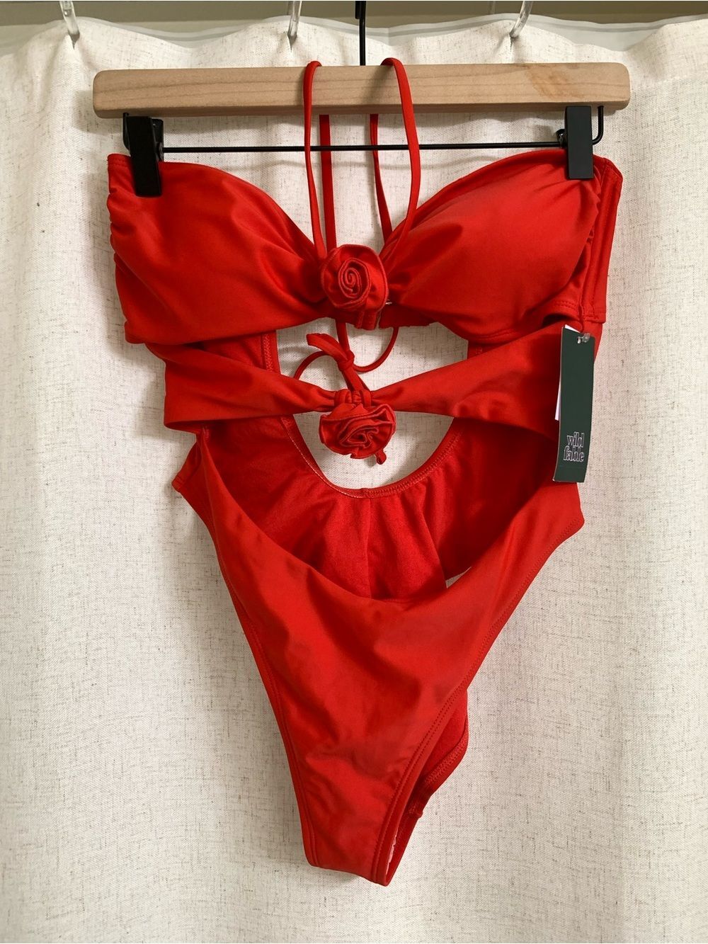 wild fable Red Rosette Cutout One-Piece Swimsuit Medium Cheeky High Leg NEW